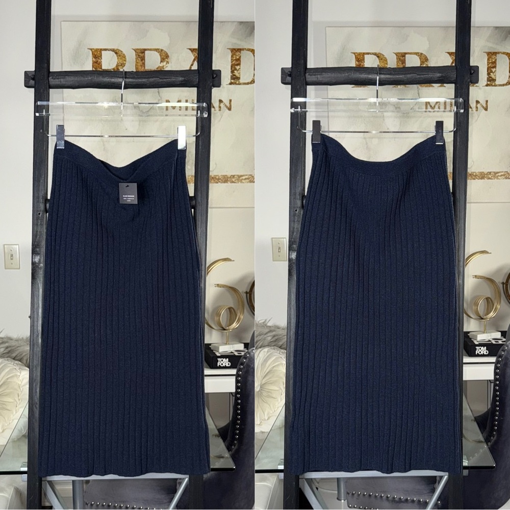 Club Monaco Navy Ribbed Knit Wool Midi Skirt Italian Yarn Womens Small New $150